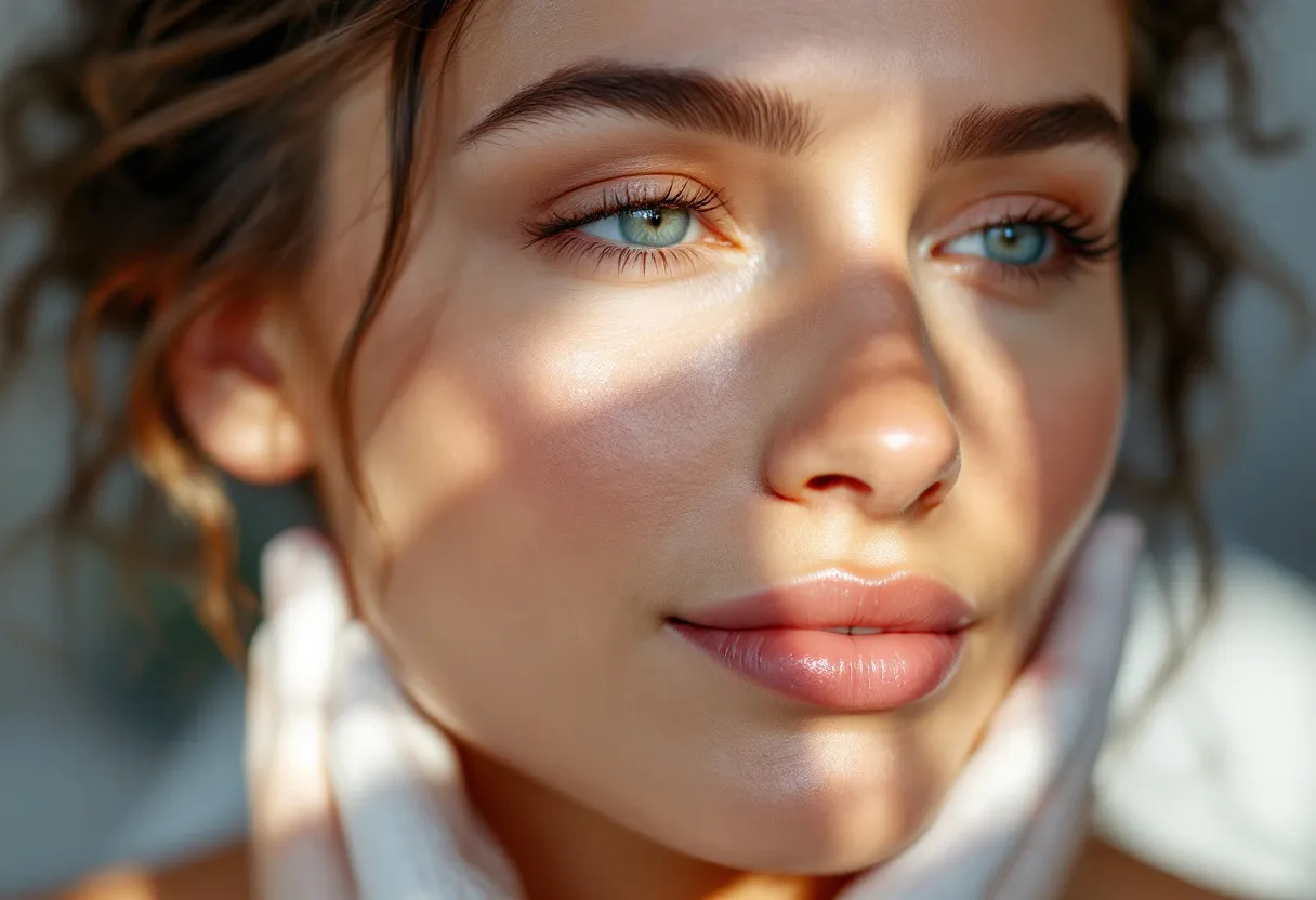 Een fotorealistische close-up van een vrouw in een lichte, moderne kliniekruimte in Gent die net een Profhilo-behandeling heeft ondergaan; haar huid toont een natuurlijke, stralende glow met een gladde textuur, geaccentueerd door zacht daglicht dat door een groot raam valt.