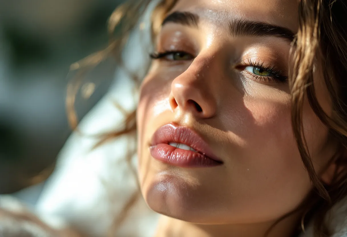 Een close-up van een vrouw met een stralende, gehydrateerde huid en een subtiele glimlach, in een lichte behandelkamer met zachte natuurlijke verlichting.
