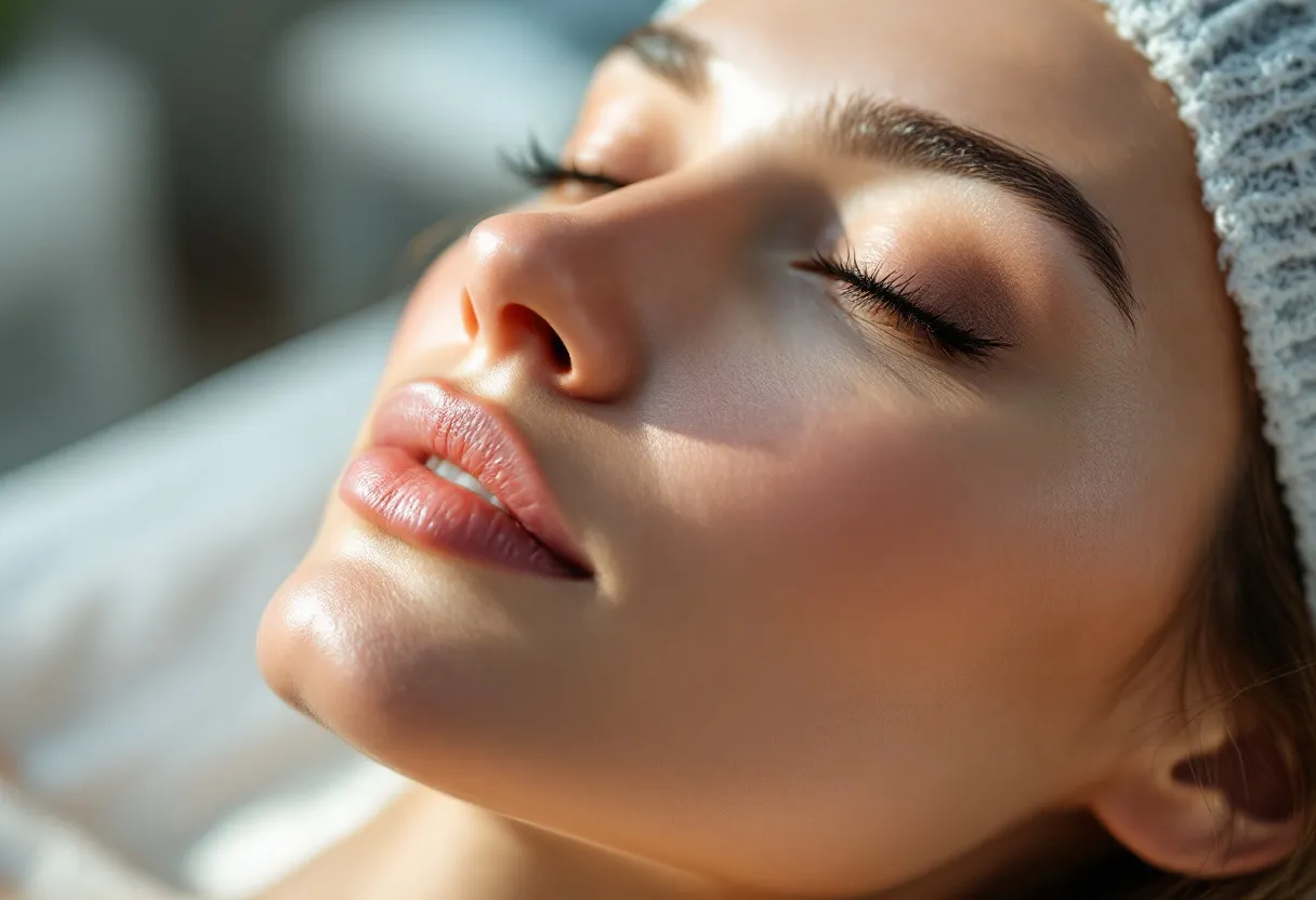 Een close-up van een stralende, stevige vrouwenhuid na een Profhilo-behandeling, met zacht natuurlijk licht dat de verbeterde elasticiteit en hydratatie accentueert, in een serene kliniek in Gent.