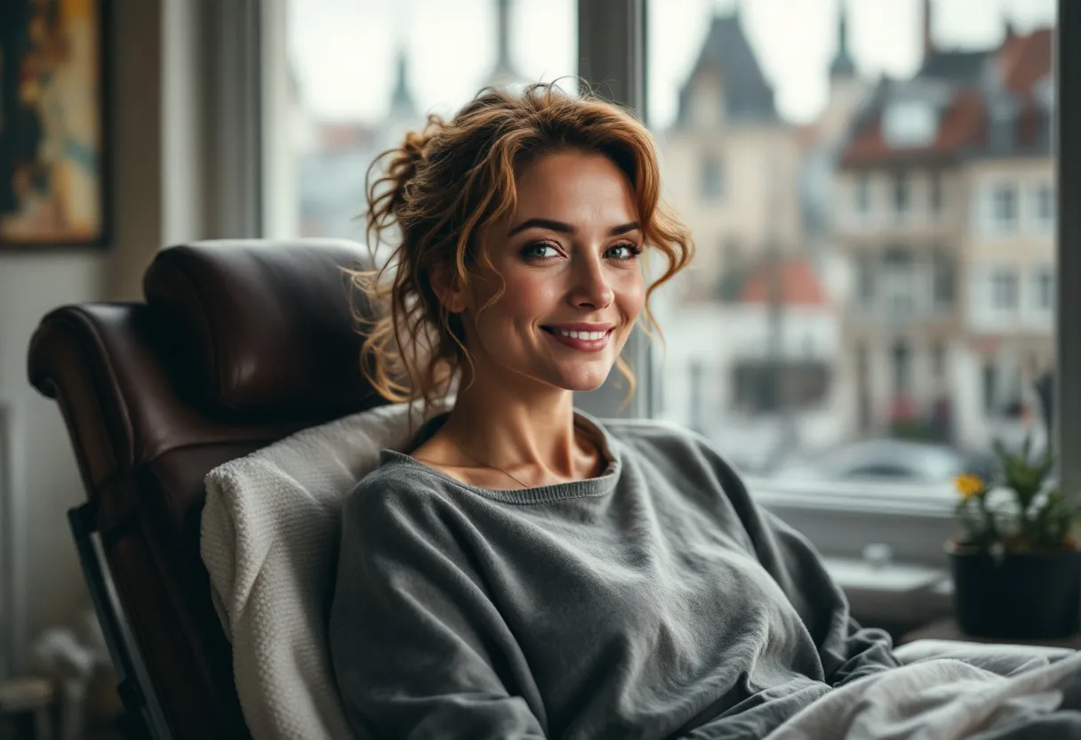 Een realistische foto van een stralende vrouw van rond de veertig met een gladde, stevige huid, zittend in een lichte behandelkamer met uitzicht op de historische daken van Gent.