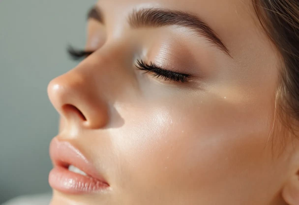 Een close-up van een stralende, gehydrateerde huid van een vrouw van middelbare leeftijd met een natuurlijke glans, subtiel licht dat de verbeterde huidtextuur en elasticiteit toont, zonder zichtbare injectiesporen, in een lichte, serene kliniekomgeving in Gent.
